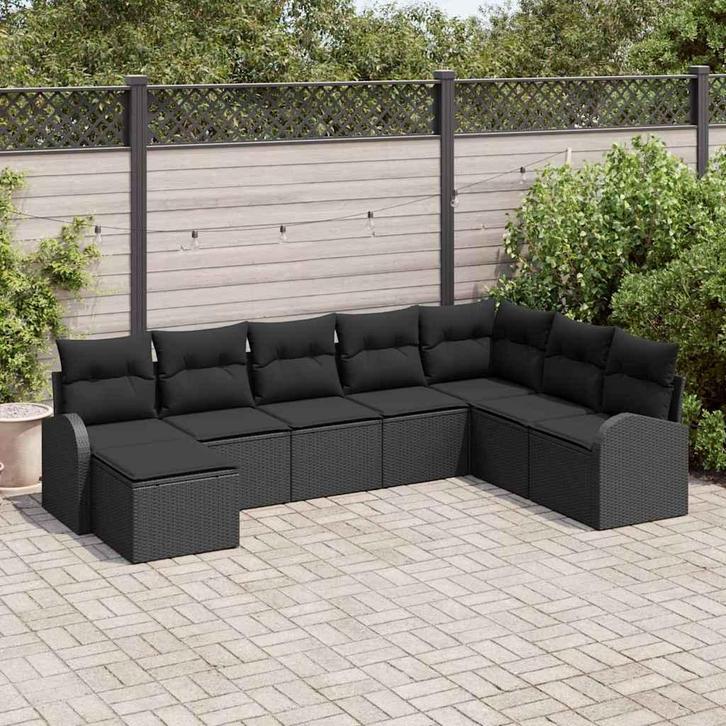 vidaXL Tuinbank Set met kussen 8 pcs Zwart Poly Riet, Tuin en Terras, Tuinsets en Loungesets, Nieuw, Verzenden