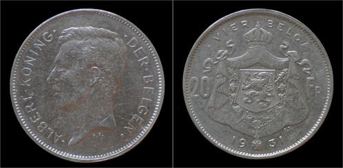 Belgium Albert I 20 frank (4belga) 1931vl-pos A nickel, Postzegels en Munten, Munten | Europa | Niet-Euromunten, België, Verzenden