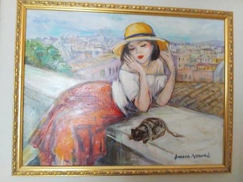 Anna Novak (1951) - Ragazza con gatto, Antiek en Kunst, Kunst | Schilderijen | Klassiek