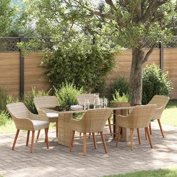 vidaXL Tuin Eettafel Set met kussen 7 pcs Beige poly rattan, Tuin en Terras, Tuinsets en Loungesets, Nieuw, Verzenden