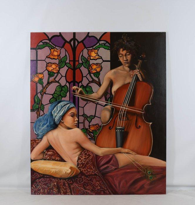Louis Nagelkerke (1949) - De celliste en het model, Antiek en Kunst, Kunst | Schilderijen | Modern
