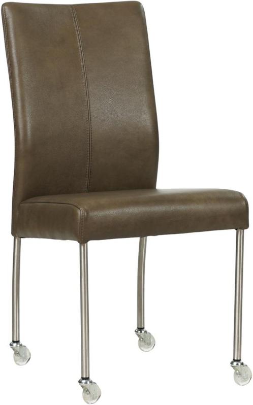 Grijze leren moderne eetkamerstoel - poot rond inox met wiel, Huis en Inrichting, Stoelen, Overige kleuren, Eén, Nieuw, Leer, Ophalen of Verzenden