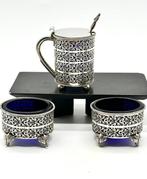 No reserve-19e zilveren Mosterdpot met lepel en twee