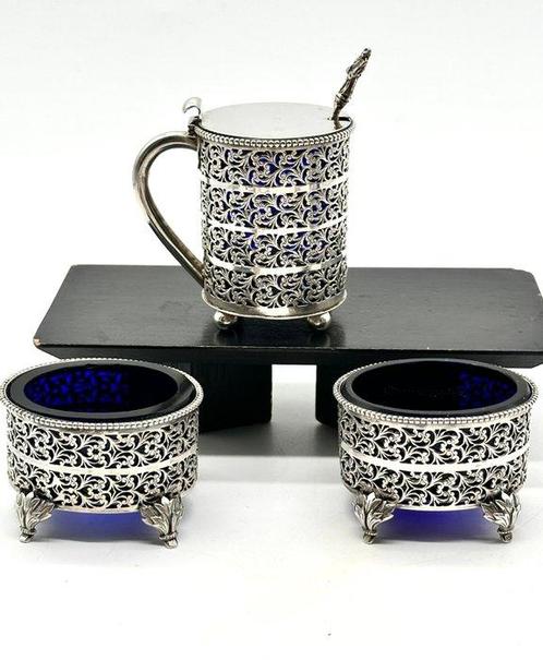 No reserve-19e zilveren Mosterdpot met lepel en twee, Antiek en Kunst, Antiek | Zilver en Goud