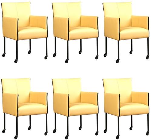 Set van 6 Gele leren moderne kuipstoel - poot rond zwart met, Maison & Meubles, Chaises, Enlèvement ou Envoi