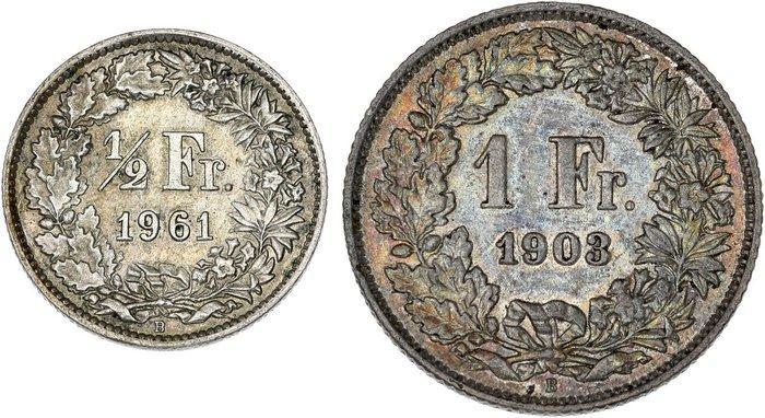 Zwitserland. Lot of 2 coins: 1/2 & 1 Franc 1903/1961 (Zonder, Postzegels en Munten, Munten | Europa | Niet-Euromunten