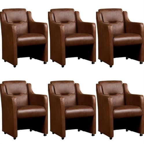 Set van 6 Bruine leren landelijke eetkamerfauteuils -, Huis en Inrichting, Stoelen, Overige kleuren, Vijf, Zes of meer stoelen