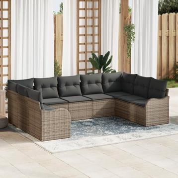 vidaXL 9-delige Tuinset met Kussens Grijs Poly Riet, Verzenden, Tuinset
