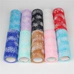 Lint organza tule met sneeuwvlokken deep sky blue 15 cm rol, Nieuw