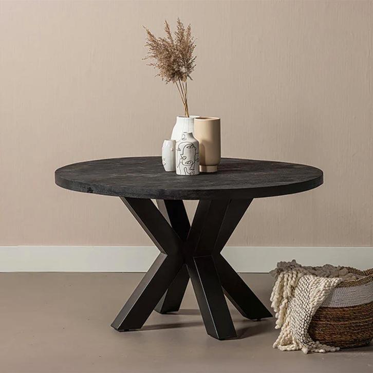 Mangohouten Eettafel Rond Tara 150 cm Zwart (5cm), Huis en Inrichting, Tafels | Eettafels, Nieuw, Overige houtsoorten, Rond, Verzenden