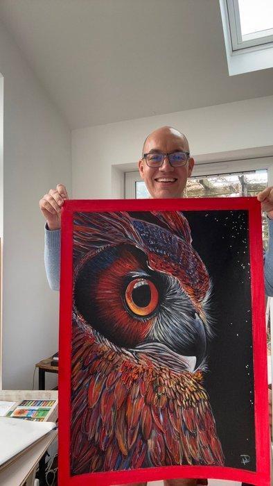 Luca Domiro - Red Guardian (Owl), Antiquités & Art, Art | Peinture | Moderne