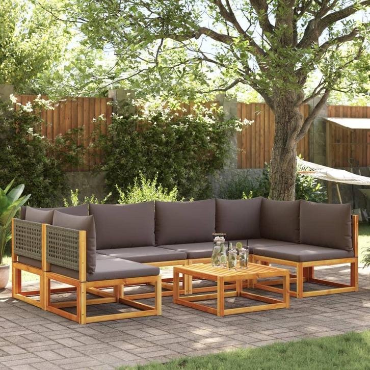 vidaXL 7-delige tuinbankset met kussens acaciahout & rotan, Tuin en Terras, Tuinsets en Loungesets, Nieuw, Verzenden