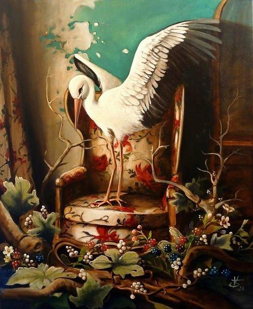 Zoe Chigi - The stork has arrived, Antiquités & Art, Art | Peinture | Moderne