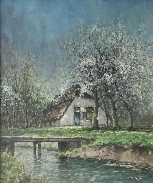 Jan Schaeffer (1923-2018) - Boerderij met bloesembomen, Antiek en Kunst, Kunst | Schilderijen | Klassiek