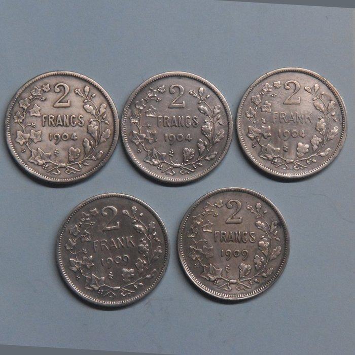 België. Leopold II. 2 Francs 1904 en 1909 ( 5 Verschillende, Postzegels en Munten, Munten | Nederland