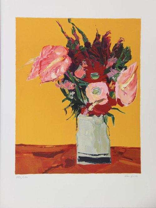 Arthur Van Hecke (1924-2003) - Bouquet sur fond jaune, Antiek en Kunst, Antiek | Overige Antiek