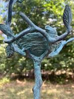 Vogelbad - Brons - two sparrows on a branch, Antiek en Kunst