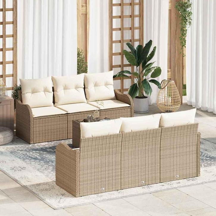 vidaXL Tuinbank Set 7 pcs Beige en Crème Poly rattan, staal, Tuin en Terras, Tuinsets en Loungesets, Nieuw, Verzenden