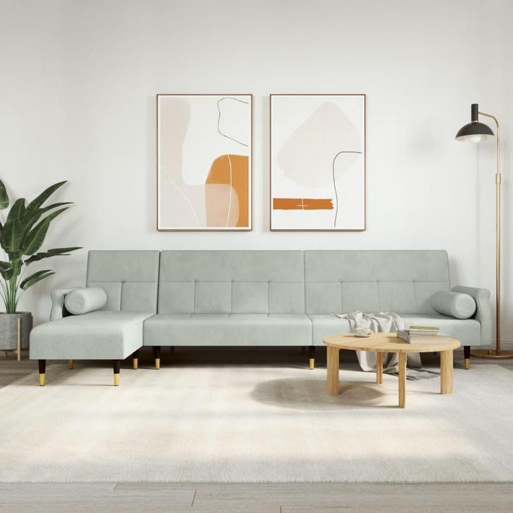 vidaXL Slaapbank L-vormig 271x140x70 cm fluweel lichtgrijs, Huis en Inrichting, Zetels | Zetels, Nieuw, Verzenden
