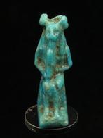 Oud-Egyptisch Faience amulet van Bastet/Sekhmet op een kroon