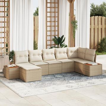vidaXL 7-delige tuinbankset met kussens van beige poly riet, Verzenden