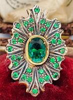 Zonder Minimumprijs - Ring - 9 kt. Geel goud, Zilver Smaragd, Nieuw