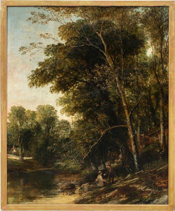 English school (XIX) - Landscape with Fisherman by the River, Antiek en Kunst, Kunst | Schilderijen | Klassiek