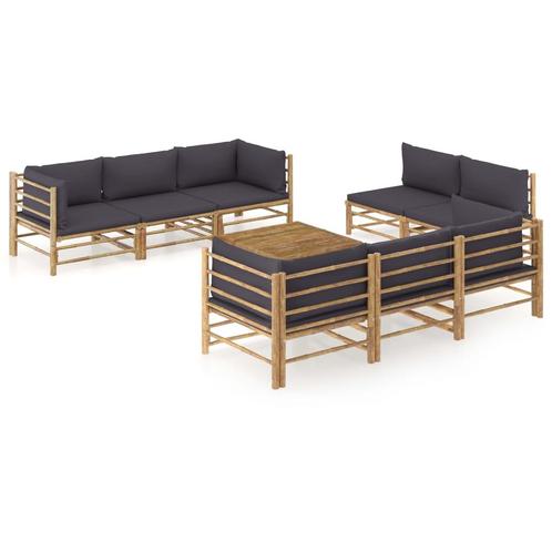 vidaXL 9-delige Loungeset met donkergrijze kussens bamboe, Tuin en Terras, Tuinsets en Loungesets, Loungeset, Nieuw, Verzenden