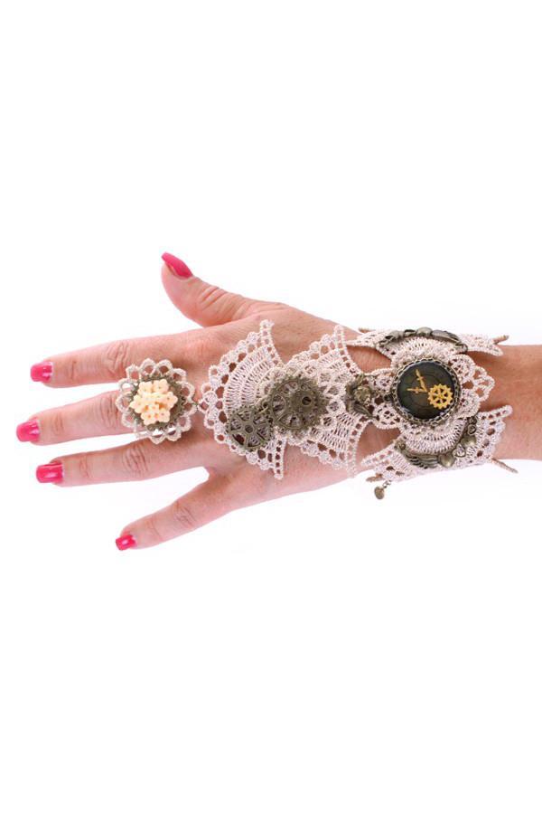 Armband Kant Creme met Ring Great Gatsby Roaring Twenties 1, Handtassen en Accessoires, Kettingen, Wit, Nieuw, Ophalen of Verzenden