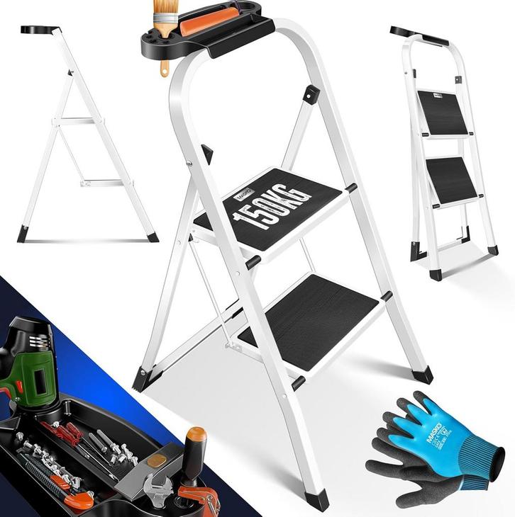 Huishoudtrap 2 treden - Keukentrap - Opvouwbaar - Wit - MASK, Doe-het-zelf en Bouw, Gereedschap | Overige machines, Verzenden