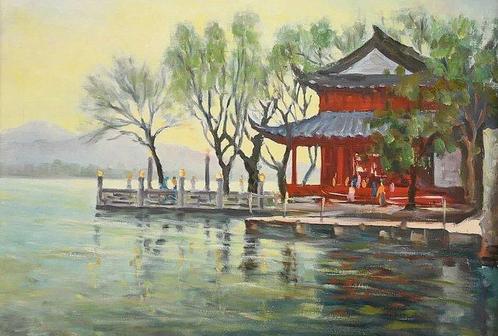 Asian School (1970s) - Riverside pavilion scene - NO RESERVE, Antiquités & Art, Art | Peinture | Classique