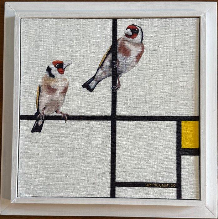 Jos Verheugen - Free after Mondrian, with Goldfinches, Antiek en Kunst, Kunst | Schilderijen | Modern