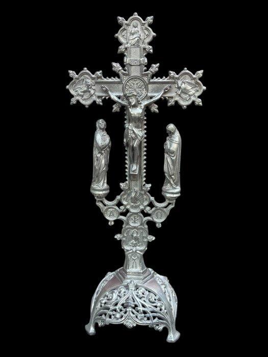 Jezus kruis met kandelaren (3) - Antiek - Metaal - 1940-1950, Antiek en Kunst, Kunst | Niet-Westerse kunst