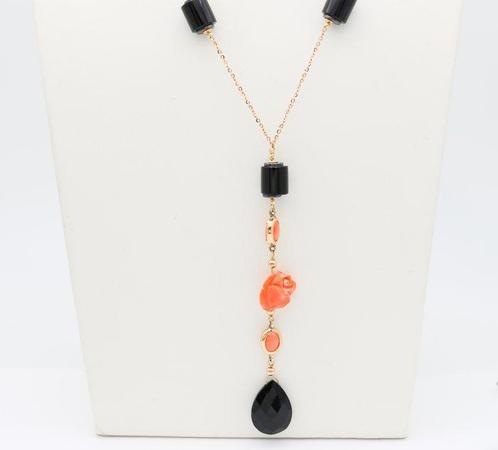 Ketting met hanger - 18 karaat Roségoud Onyx - Koraal, Bijoux, Sacs & Beauté, Bijoux anciens