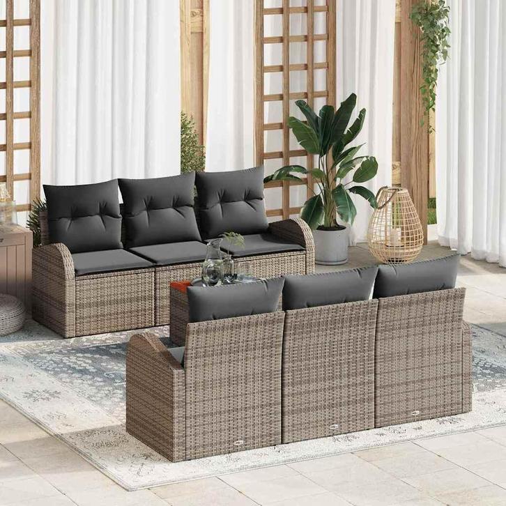 vidaXL Tuinbank Set met kussen 7 pcs Grijs poly rattan, Tuin en Terras, Tuinsets en Loungesets, Nieuw, Verzenden