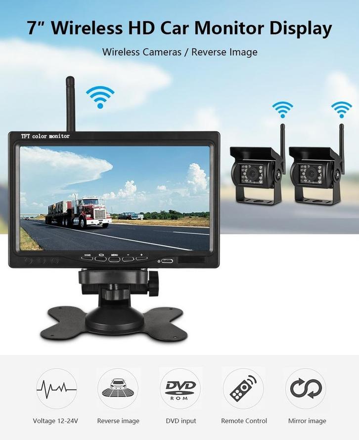 Draadloos Dubbele Achteruitrijcamera Set 7inch, Auto diversen, Auto-accessoires, Nieuw, Verzenden