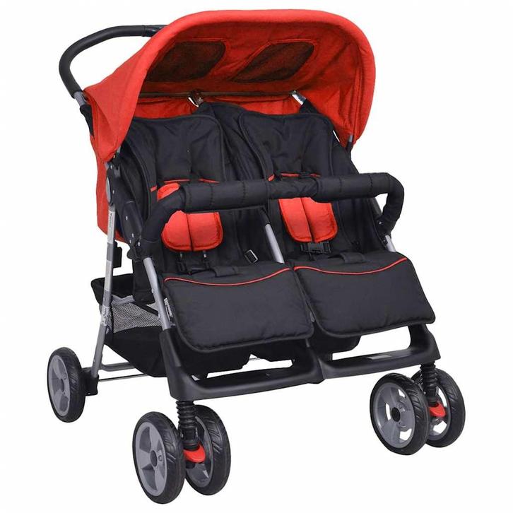 vidaXL Tweelingwagen staal rood en zwart, Kinderen en Baby's, Kinderwagens en Combinaties, Nieuw, Verzenden