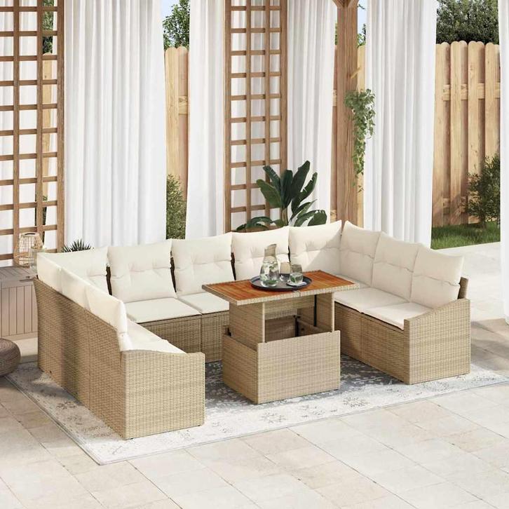 vidaXL Tuin Eettafel Set met kussen met kussen 10 pcs Beige, Tuin en Terras, Tuinsets en Loungesets, Nieuw, Verzenden