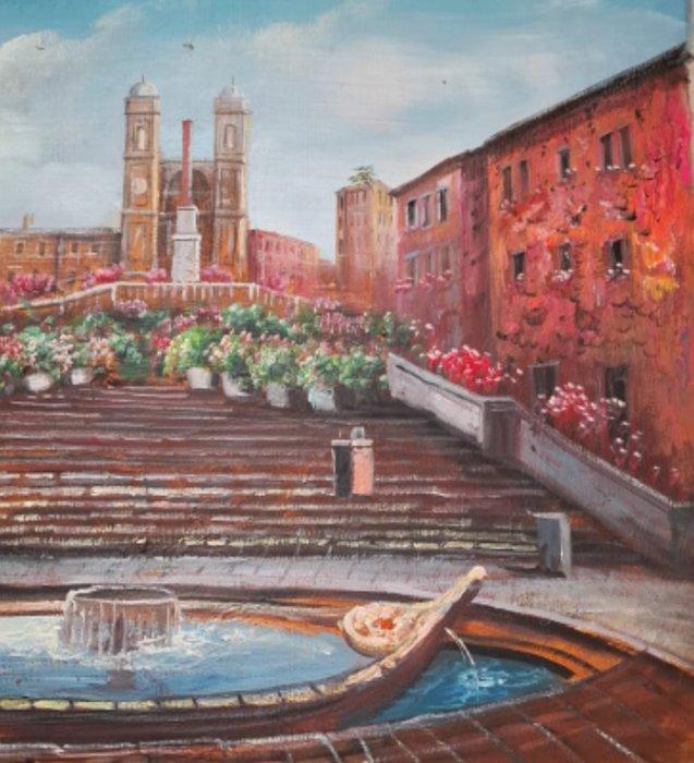 Italiaanse school (XX) - Roma - piazza di Spagna, Antiek en Kunst, Kunst | Schilderijen | Klassiek