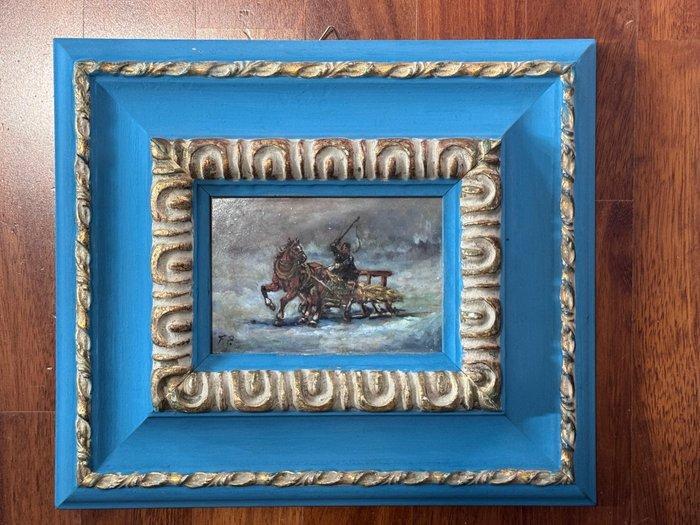 Franco Pagliani (XX) - Slitta trainata da cavalli, Antiek en Kunst, Kunst | Schilderijen | Klassiek