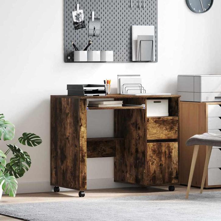 vidaXL Bureau met Wielen Rook Eiken 91 x 50 x 77 cm Bewerkt, Huis en Inrichting, Bureaus, Nieuw, Verzenden