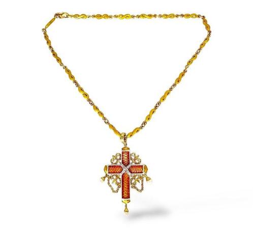 2-delige sieradenset - 18 karaat Geel goud, Platina,, Handtassen en Accessoires, Antieke sieraden