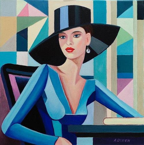 Alex Dudek (XX) - Lady in hat with pearl, Antiquités & Art, Art | Peinture | Classique