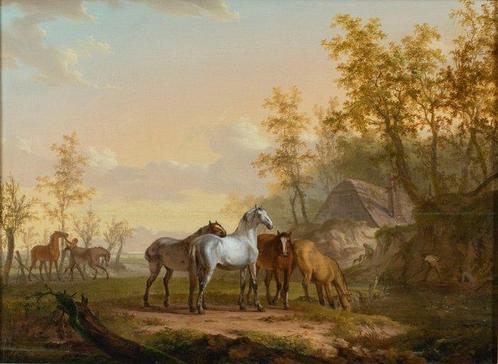 English school (XVIII) - Horses at the river, Antiek en Kunst, Kunst | Schilderijen | Klassiek