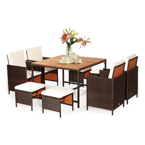 Tweedekans | 9-Delige Polyrotan Tuinset Bruin/Beige – 110 x, Tuin en Terras, Tuinsets en Loungesets, Ophalen of Verzenden