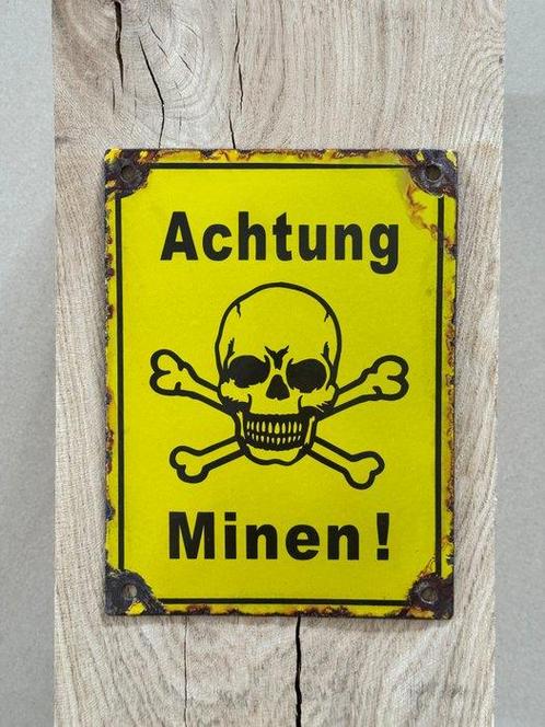 Emaille bord - WW2 Achtung Minen! Emaille bord - Tweede, Antiek en Kunst, Antiek | Wandborden en Tegels