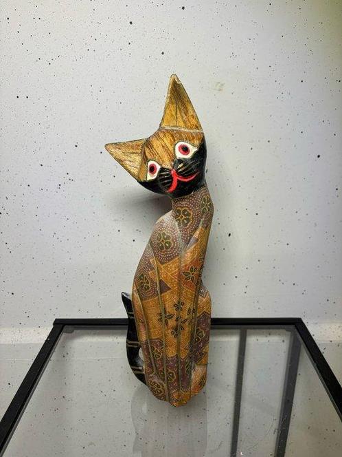 Statue, Art Deco Houten Poes met Sierlijke Gravures - 35.5, Antiek en Kunst, Curiosa en Brocante