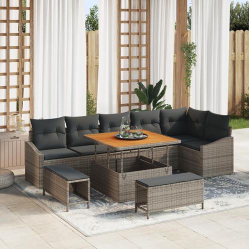 vidaXL 9-delige Tuin Sofa Set met Kussens Grijs Poly Rattan, Tuin en Terras, Tuinsets en Loungesets, Nieuw, Verzenden