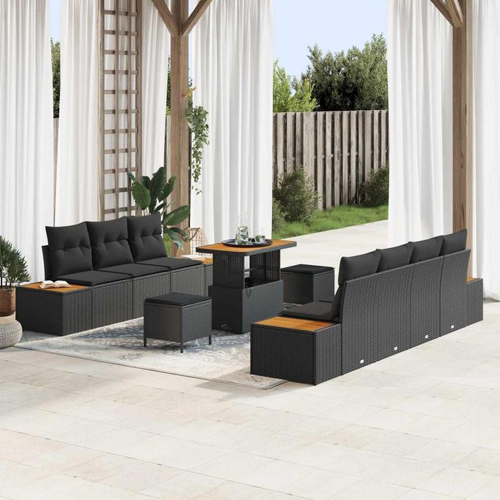 vidaXL Tuinbank Set met kussen met opslag 10 pcs Zwart Poly, Tuin en Terras, Tuinsets en Loungesets, Nieuw, Verzenden