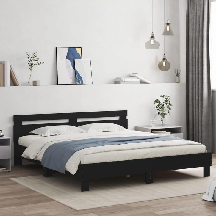 vidaXL Bedframe met hoofdbord bewerkt hout zwart 180x200 cm, Huis en Inrichting, Slaapkamer | Bedden, Nieuw, Verzenden
